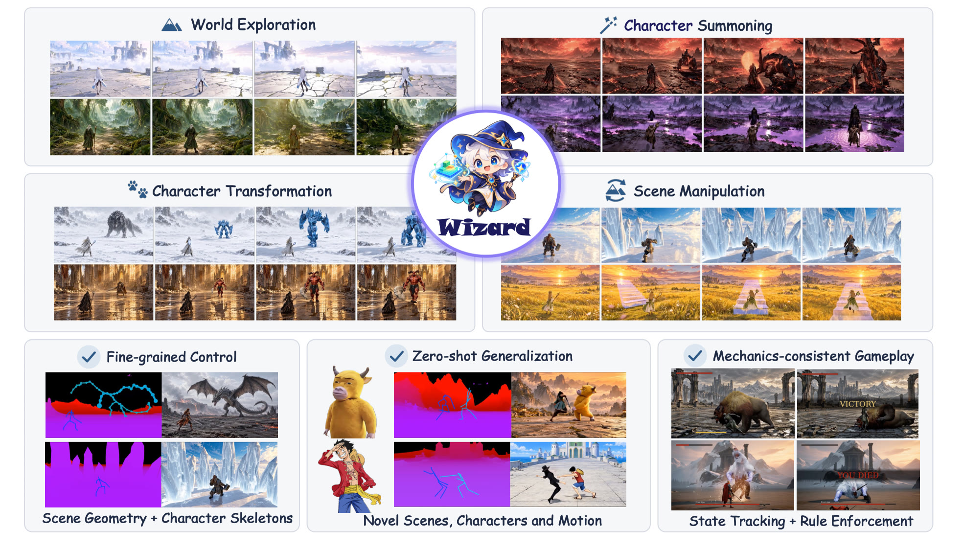 Overview: world exploration, character summoning, character transformation and scene manipulation, built on fine-grained control, zero-shot generalization and mechanics-consistent gameplay.