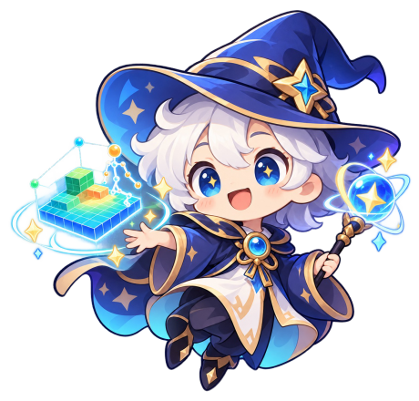 Wizard mascot: a small wizard holding a world block and a star staff